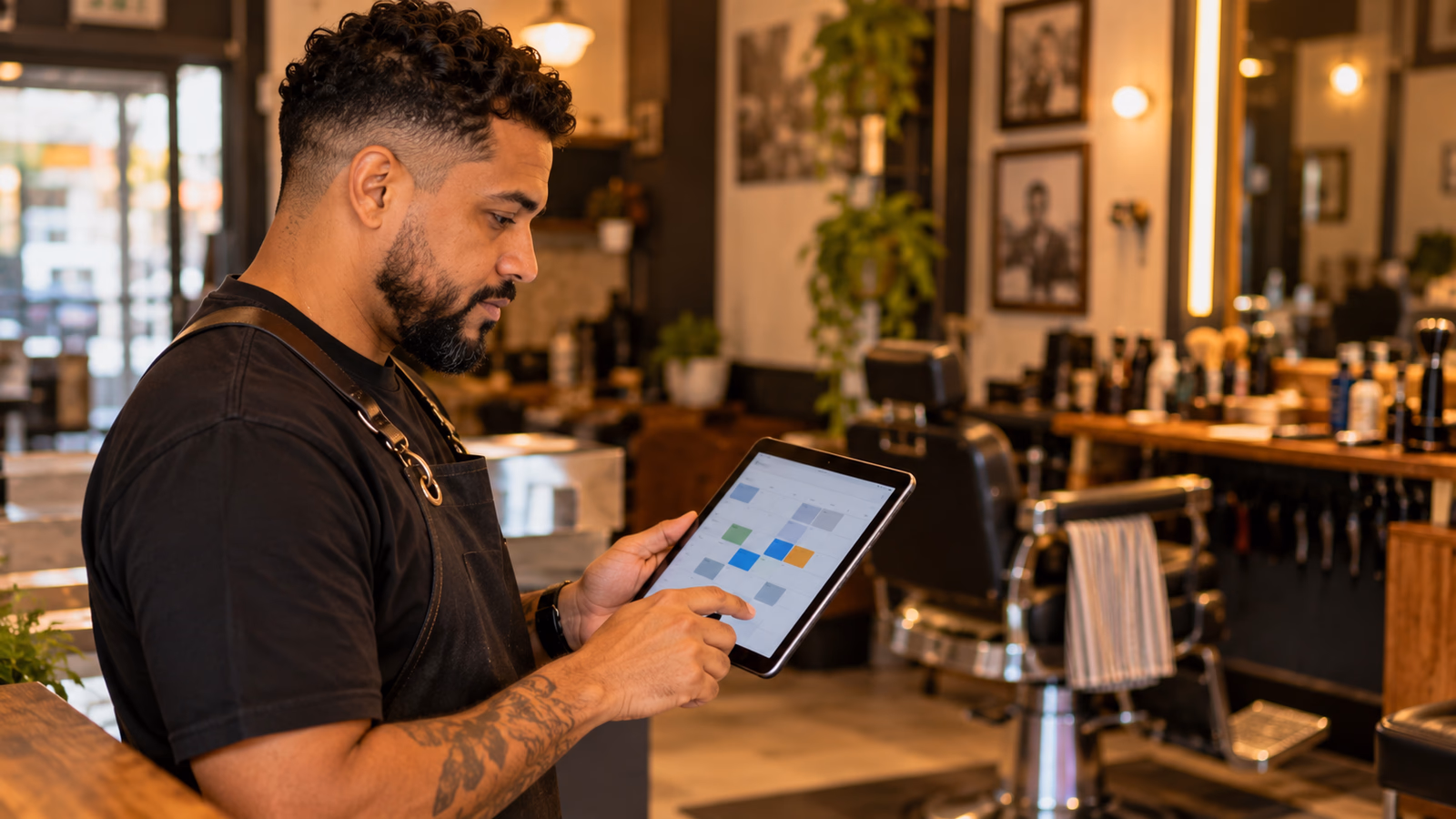 Barbeiro confere os horários do dia num tablet, com a barbearia ao fundo