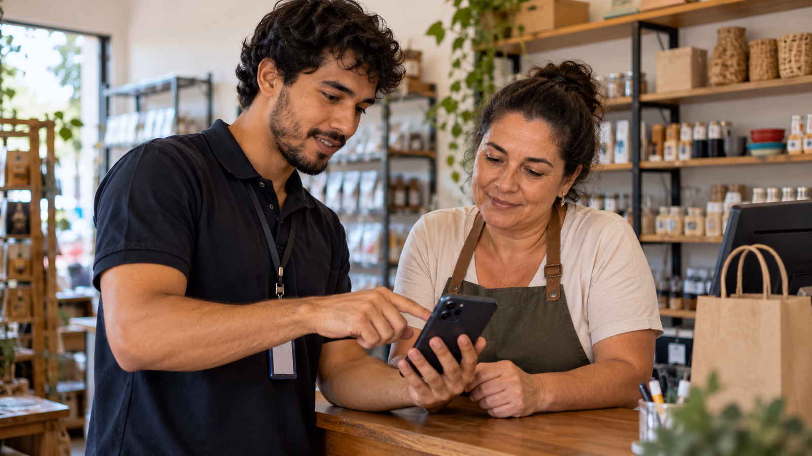 Técnico ajuda a dona de uma loja a configurar o WhatsApp da empresa no celular