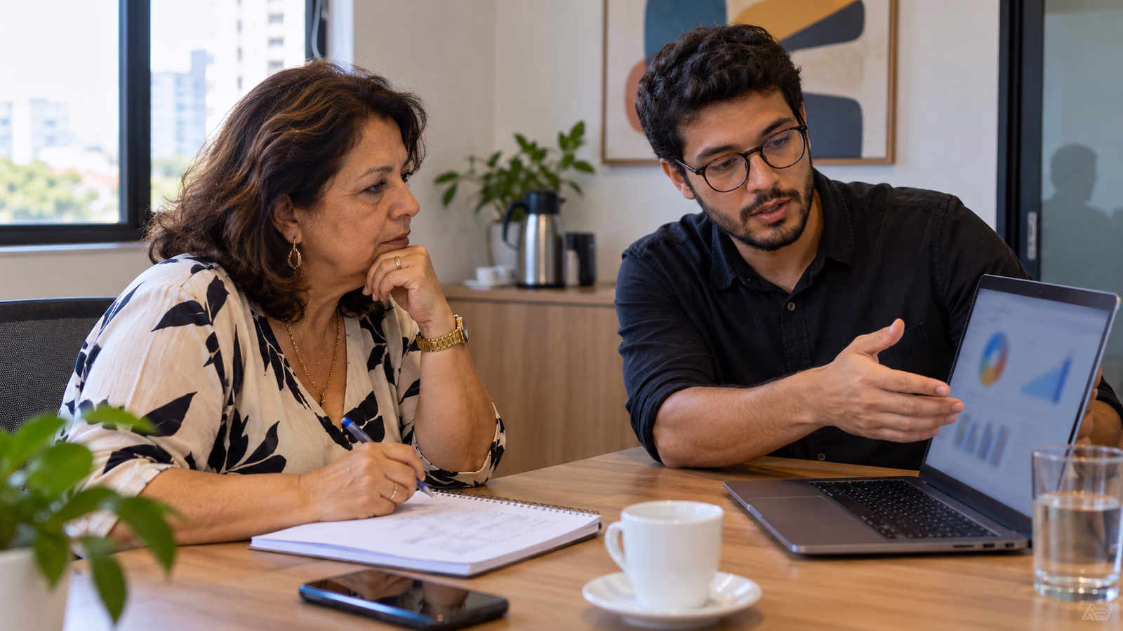 Empresária anota perguntas enquanto um consultor apresenta uma proposta no notebook