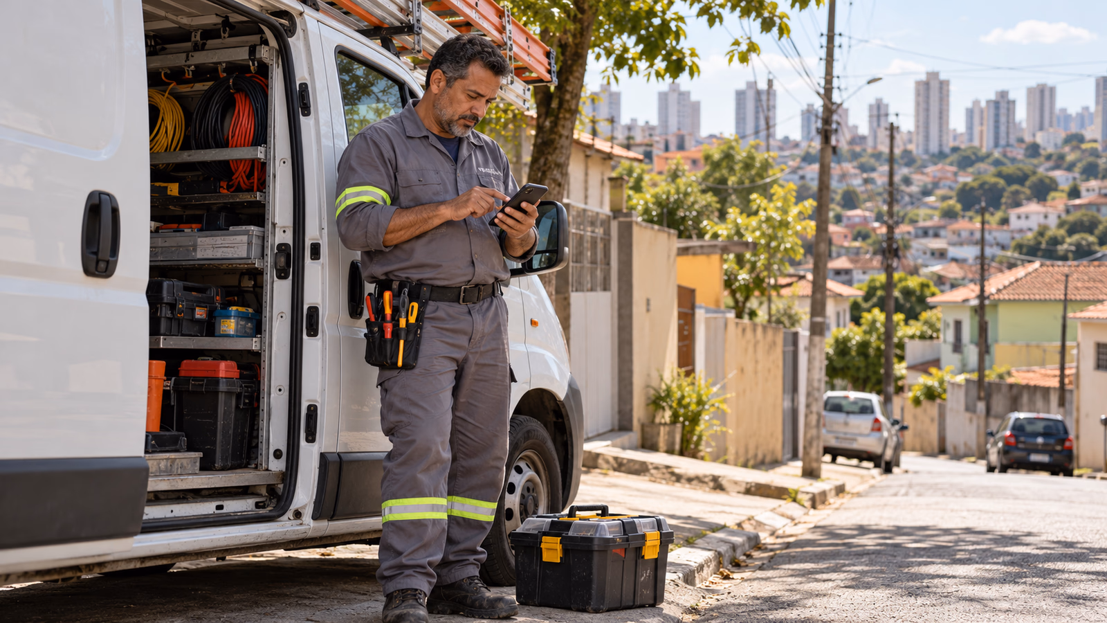 Eletricista ao lado da van confere no celular o pedido de um cliente
