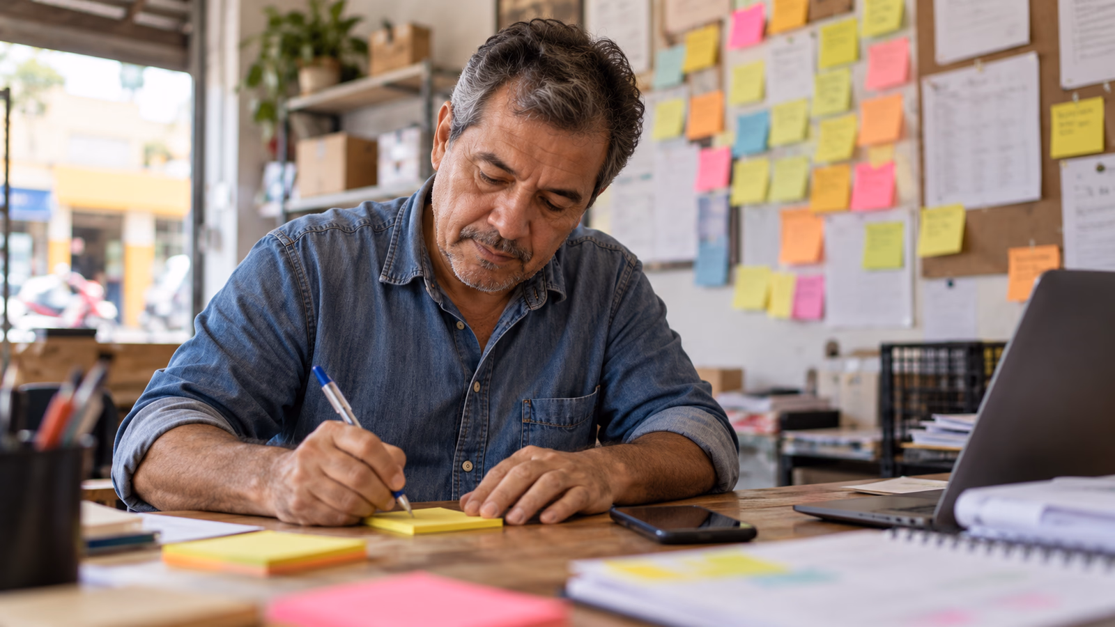 Empresário escreve um lembrete em frente a uma parede cheia de post-its