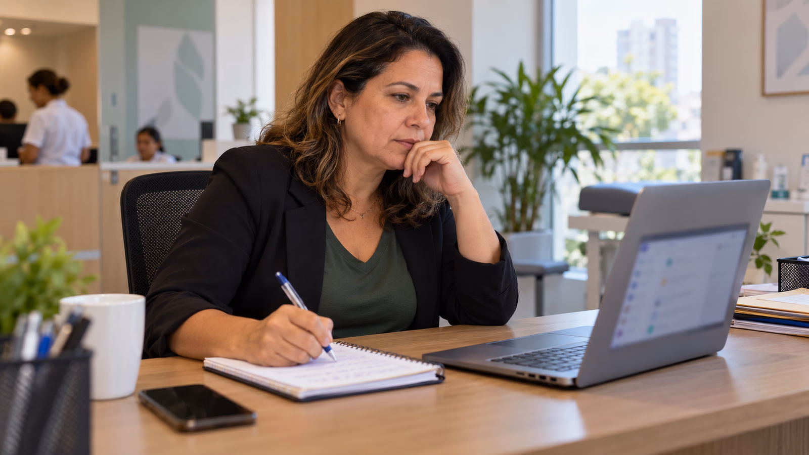 Gestora de clínica revisa conversas no notebook e faz anotações