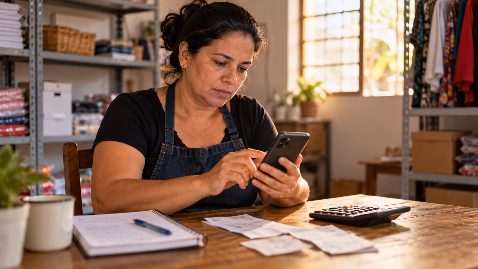 Dona de uma loja confere custos no celular, com calculadora e contas sobre a mesa