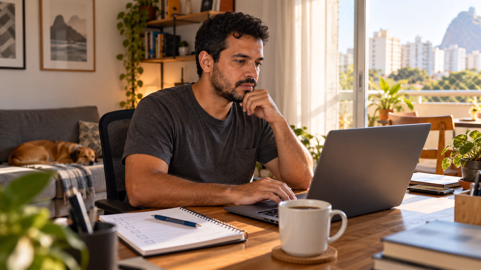 Técnico trabalha com calma no notebook pela manhã, com um caderno de checklist ao lado
