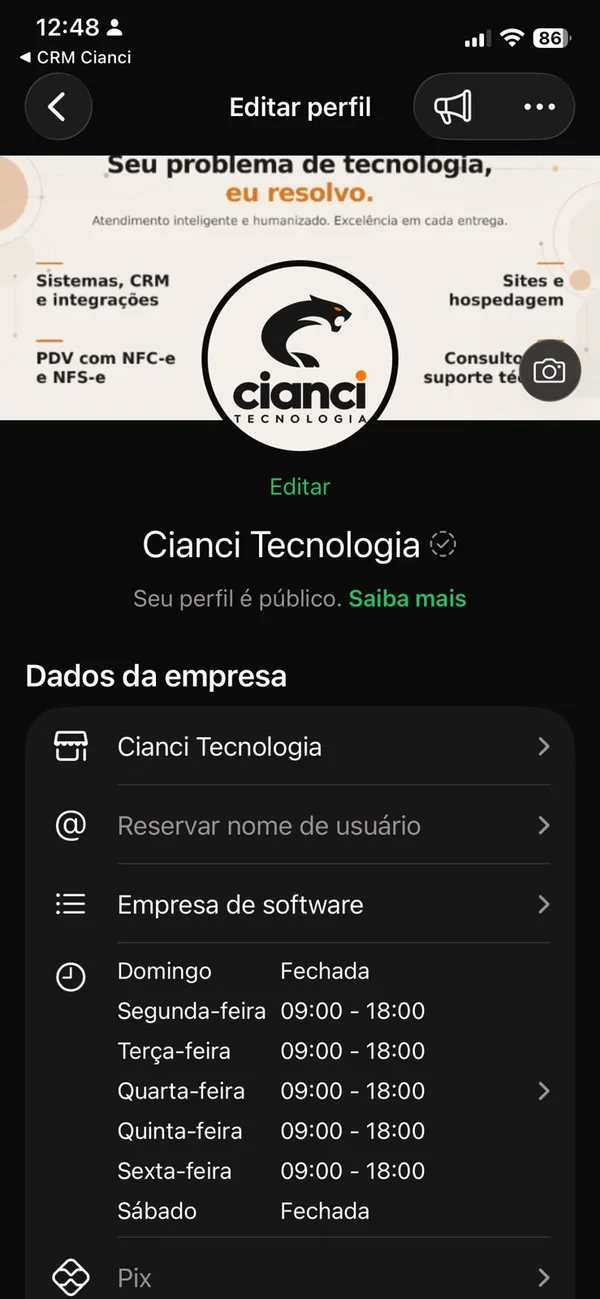 Tela Editar perfil com a capa, o nome da empresa, a categoria e o horário de atendimento de cada dia da semana