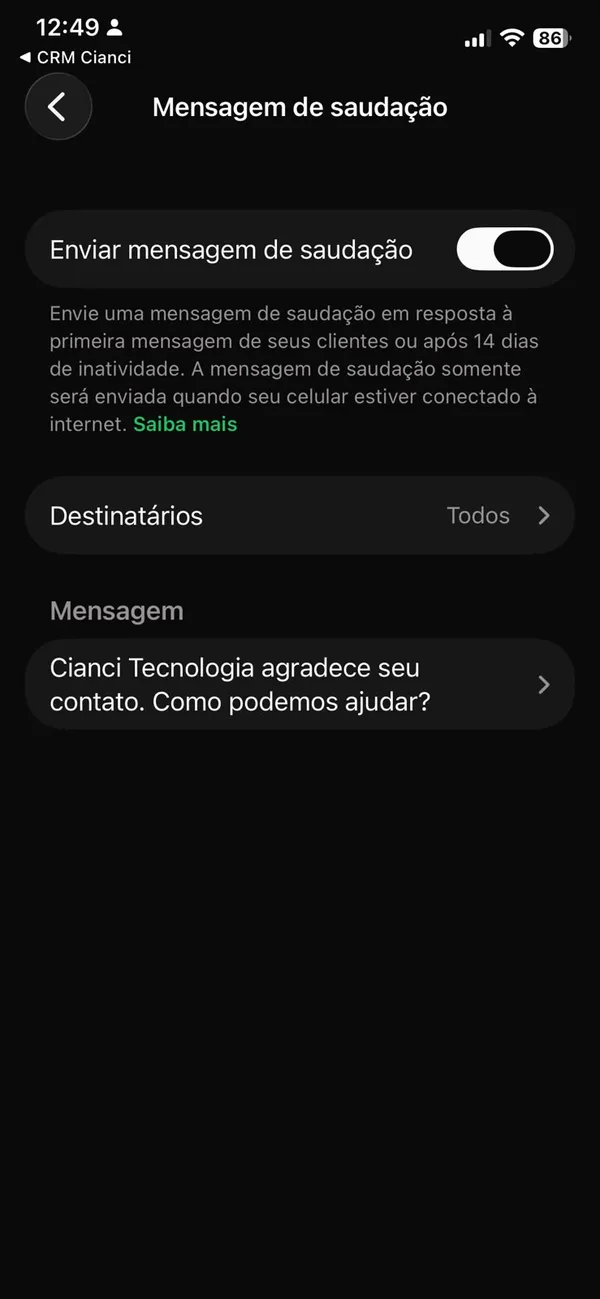 Tela de Mensagem de saudação ativada, com Destinatários em Todos e o texto da mensagem