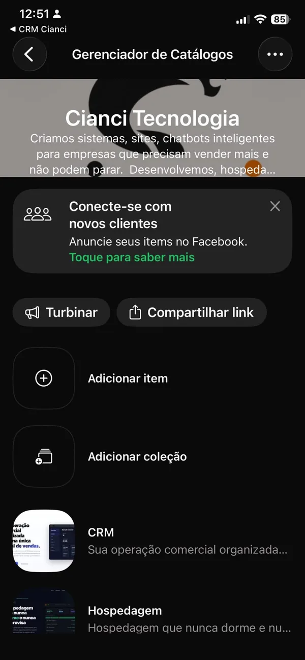 Gerenciador de Catálogos com os botões Turbinar e Compartilhar link, as opções Adicionar item e Adicionar coleção e os primeiros serviços cadastrados