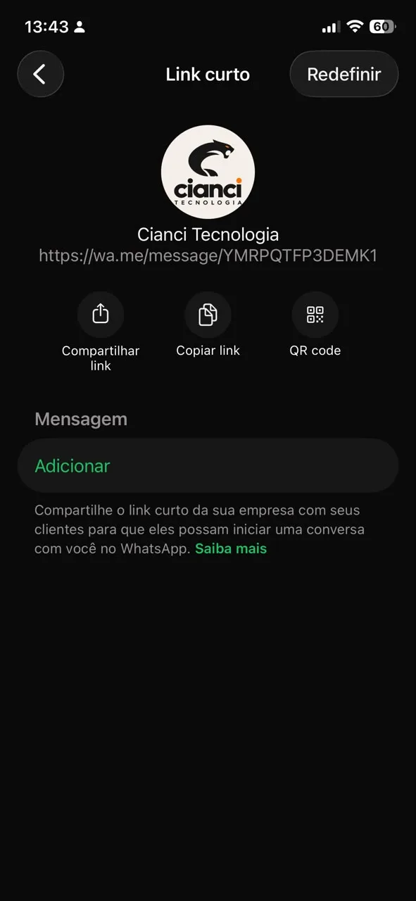 Tela Link curto com o endereço wa.me da empresa, os botões Compartilhar link, Copiar link e QR code, e o campo Mensagem