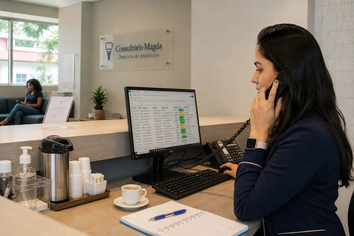 Recepcionista de consultório atende uma ligação no balcão enquanto consulta a agenda de pacientes na tela do computador