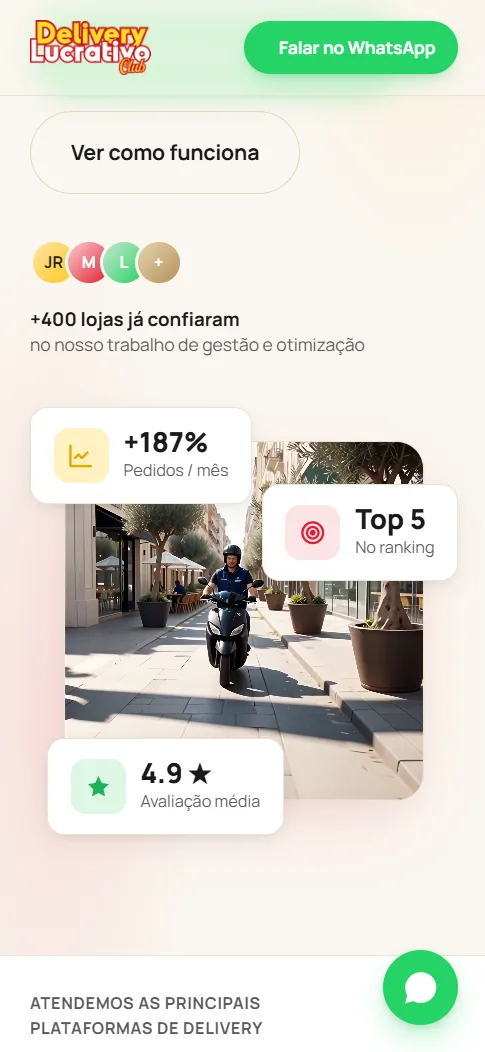 Site do Delivery Lucrativo aberto no celular, com o botão de WhatsApp no topo
