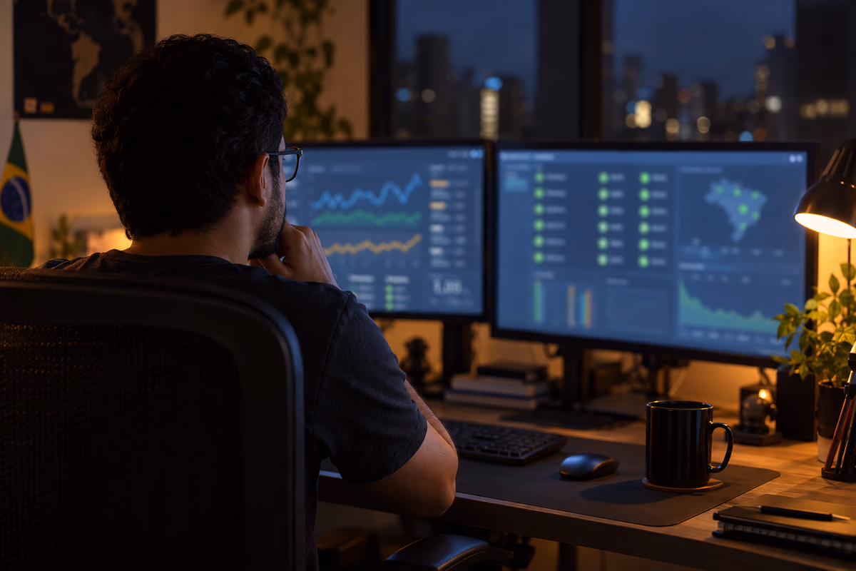 Técnico acompanhando painéis de monitoramento em dois monitores, à noite, com uma bandeira do Brasil ao fundo